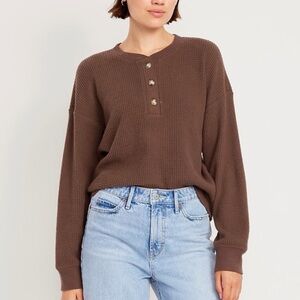 Old Navy oversized cozy waffle Henley top tannin brown